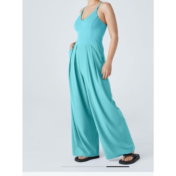 Halara Jumper Aqua Splash Blue Silky Wide-Leg Jumpsuit Women's L - Picture 2 of 4